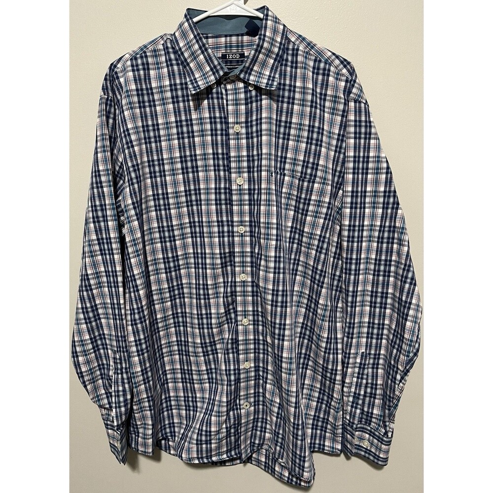 Izod Men’s long sleeve Button Down shirt blue, white, and teal plaid Size LT